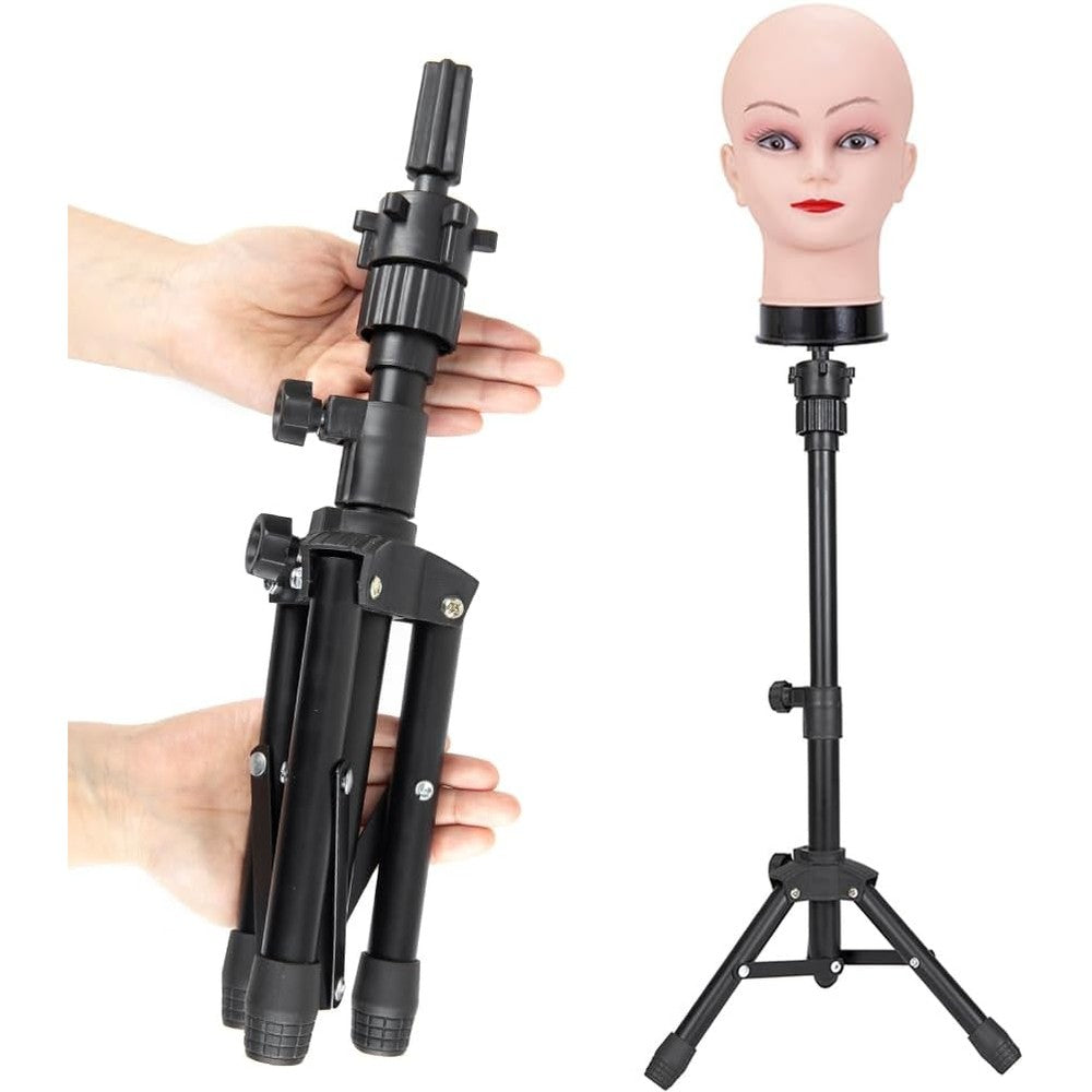 ZQIAN BEAUTY wig stand tripod front view on a styling table.
