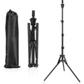 Pet Baby wig stand tripod front view showcasing the fully extended adjustable metal legs for cosmetology training.