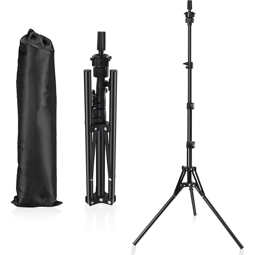 Pet Baby wig stand tripod front view showcasing the fully extended adjustable metal legs for cosmetology training.