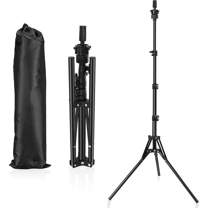 Pet Baby wig stand tripod front view showcasing the fully extended adjustable metal legs for cosmetology training.