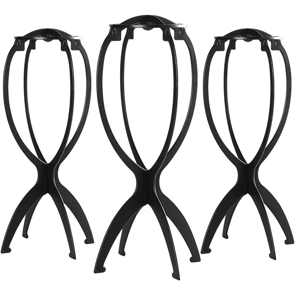 Dreamlover wig stand front view showing assembled black plastic holder for hairpieces.
