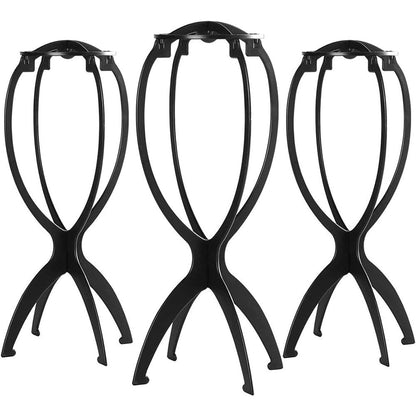 Dreamlover wig stand front view showing assembled black plastic holder for hairpieces.