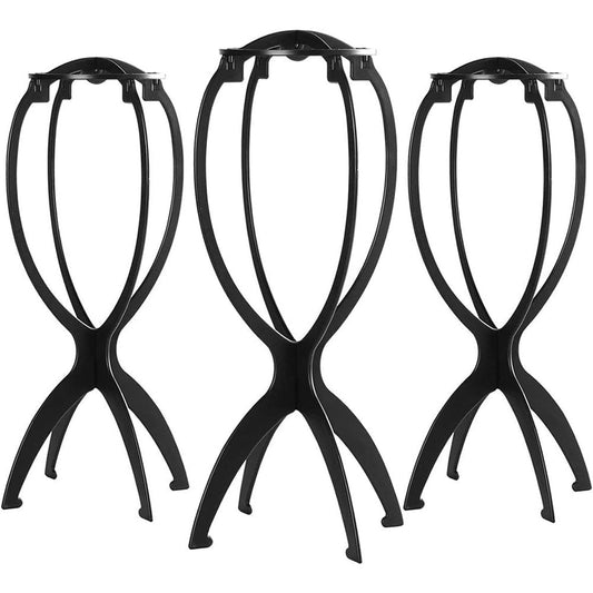 Dreamlover wig stand front view showing assembled black plastic holder for hairpieces.