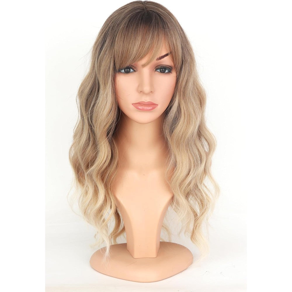 SYMEIW Ombre Dirty Blonde Wavy Wig front view showing natural air bangs