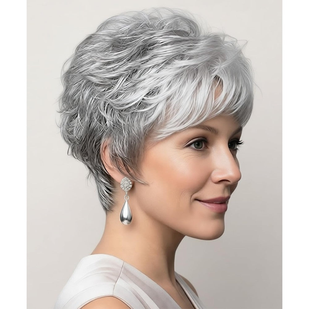 SEVENCOLORS short grey pixie cut synthetic wig front view showcasing natural curly layers and bangs
