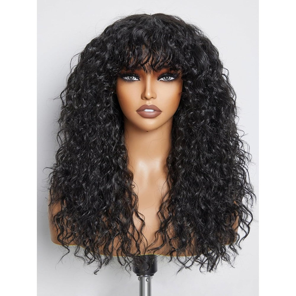 GORGIUS Veralux Blend shaggy black curly wig with bangs front view showing realistic texture
