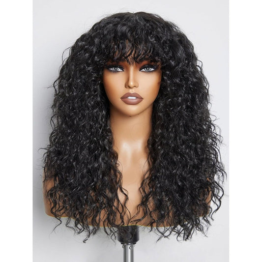 GORGIUS Veralux Blend shaggy black curly wig with bangs front view showing realistic texture