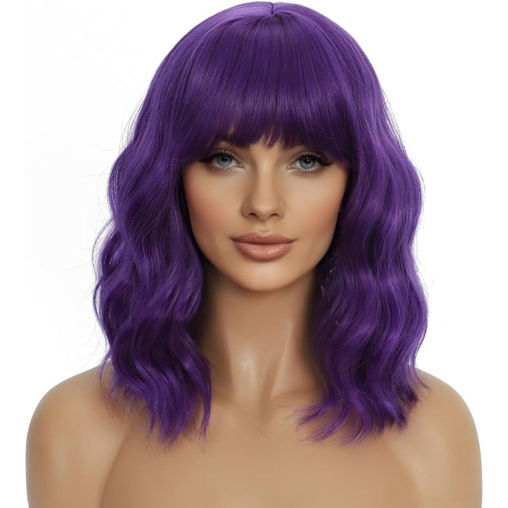 Mxayhnajxl dark purple wavy bob wig front view showing full bangs and shoulder length synthetic hair