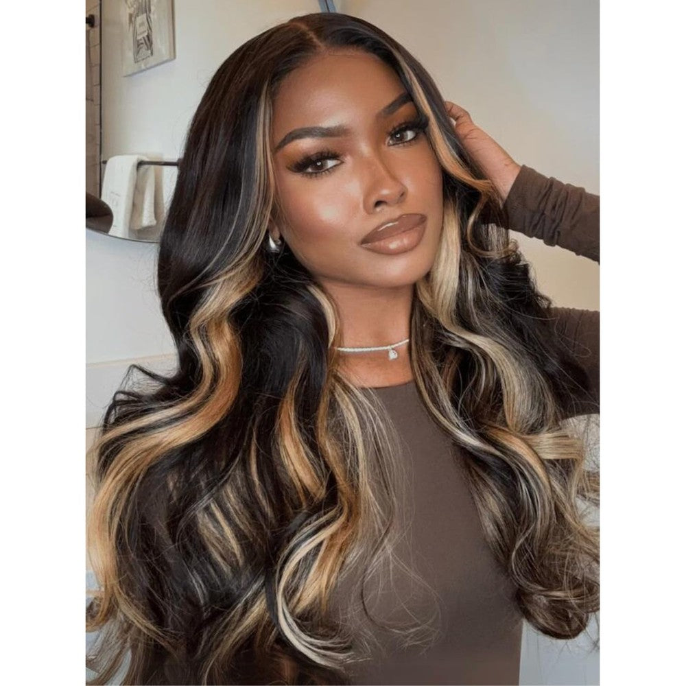UNICE Bye Bye Knots Glueless human hair wig showing front view of loose waves with butterscotch highlights