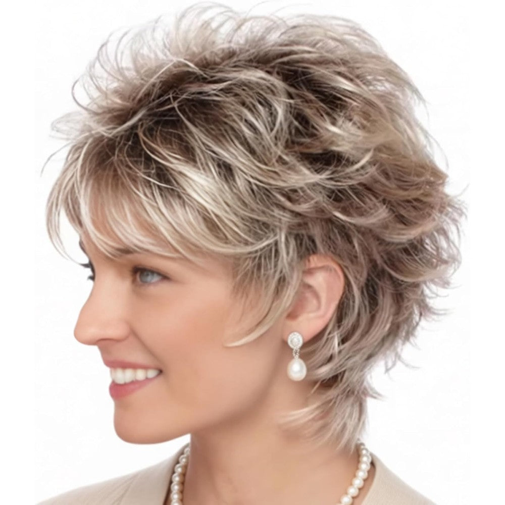 TISHINING Layered Short Blonde Pixie Cut Wig front view on model