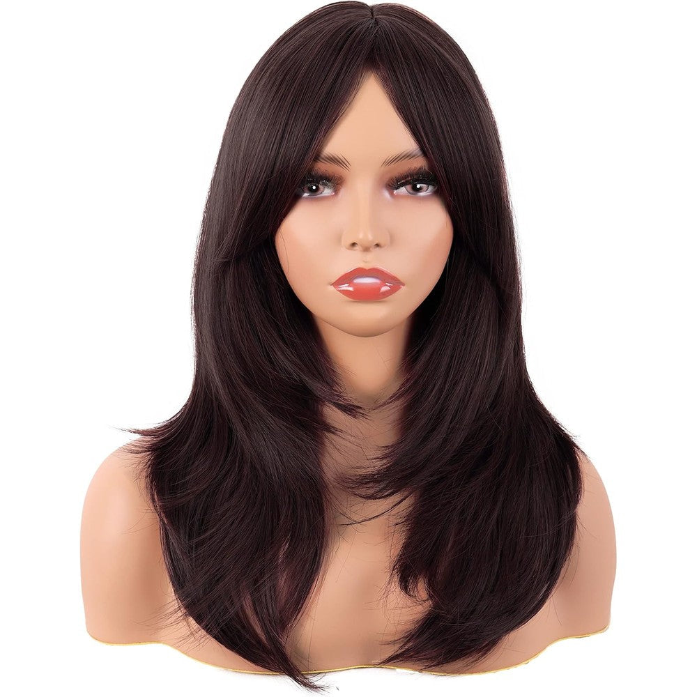 MapofBeauty 20 Inch Long Layered Straight Synthetic Fiber Hair Wig front view showing dark brown color and straight bangs