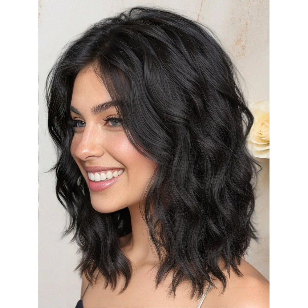 AISI HAIR 14 inch natural black wavy wig front view on model showcasing pre cut lace hairline