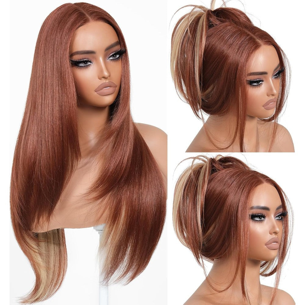 BrownBomb Cooper Blond Wear and Go Glueless Wig front view showing layered straight hair and bangs