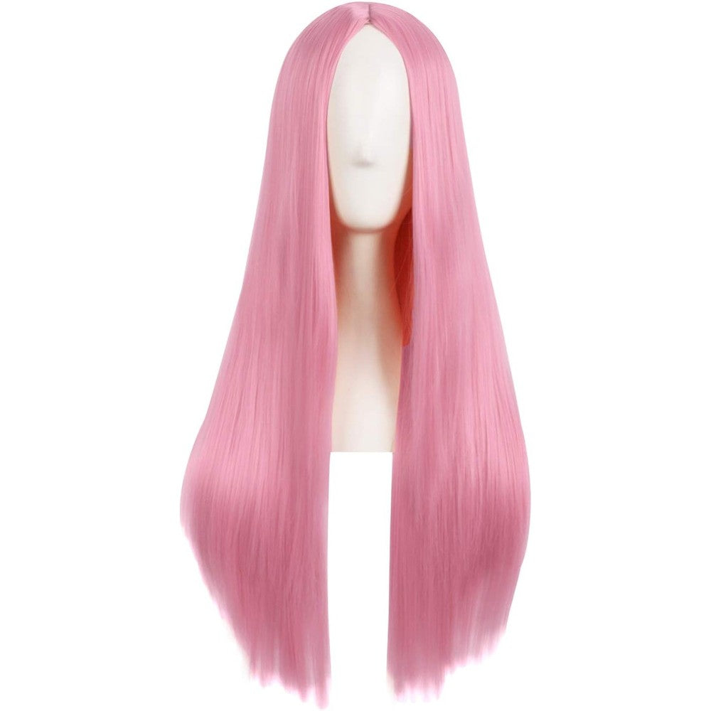 MapofBeauty 28 inch long straight synthetic wig light hot pink front view