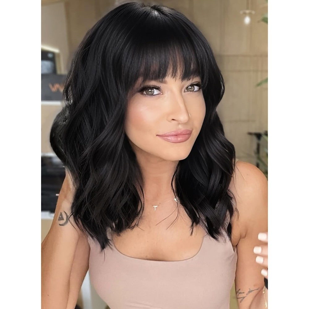 AISI HAIR Bob Curly Wig front view showcasing short black synthetic curls with bangs.
