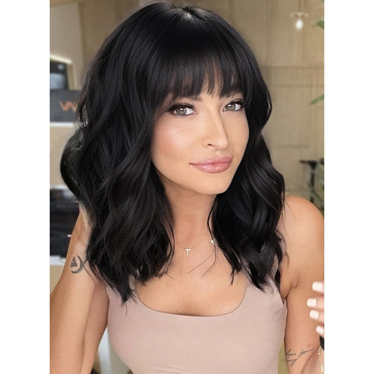 AISI HAIR Bob Curly Wig front view showcasing short black synthetic curls with bangs.