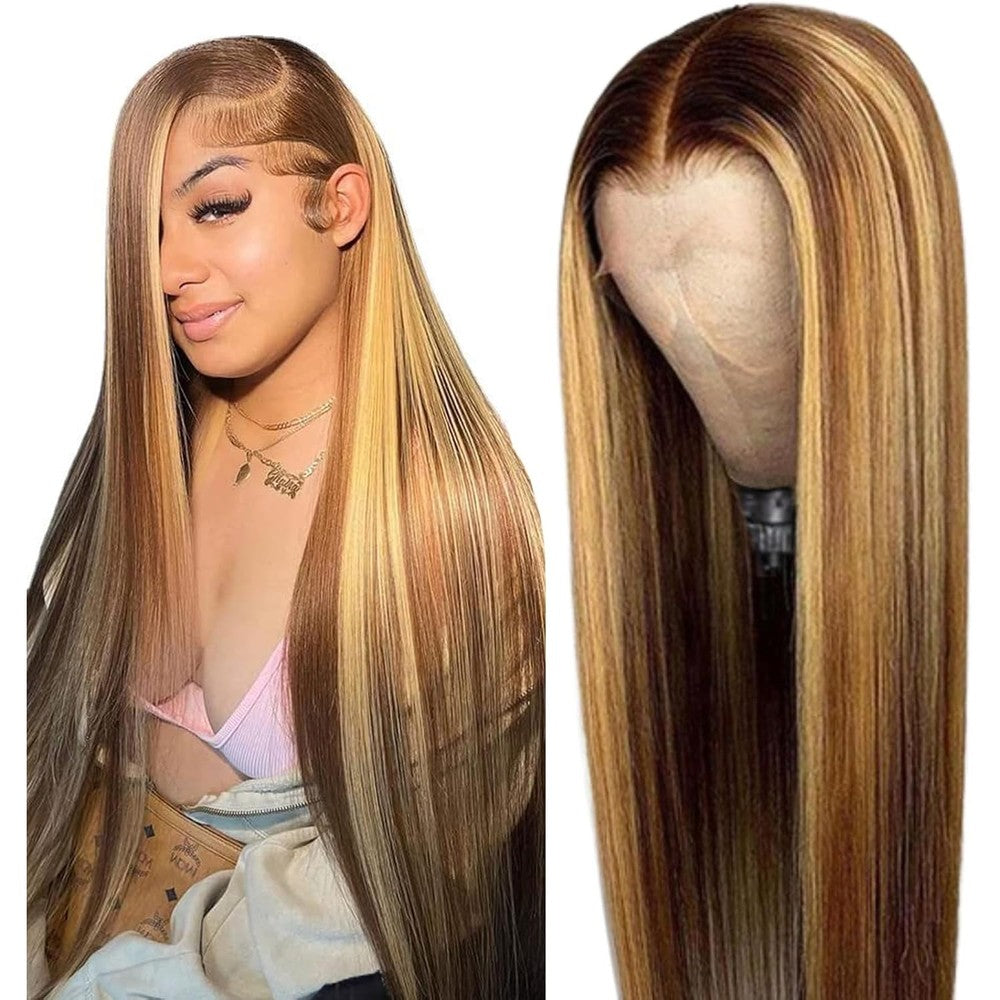 Cypha ombre lace front human hair wig front view showcasing straight honey blonde highlights