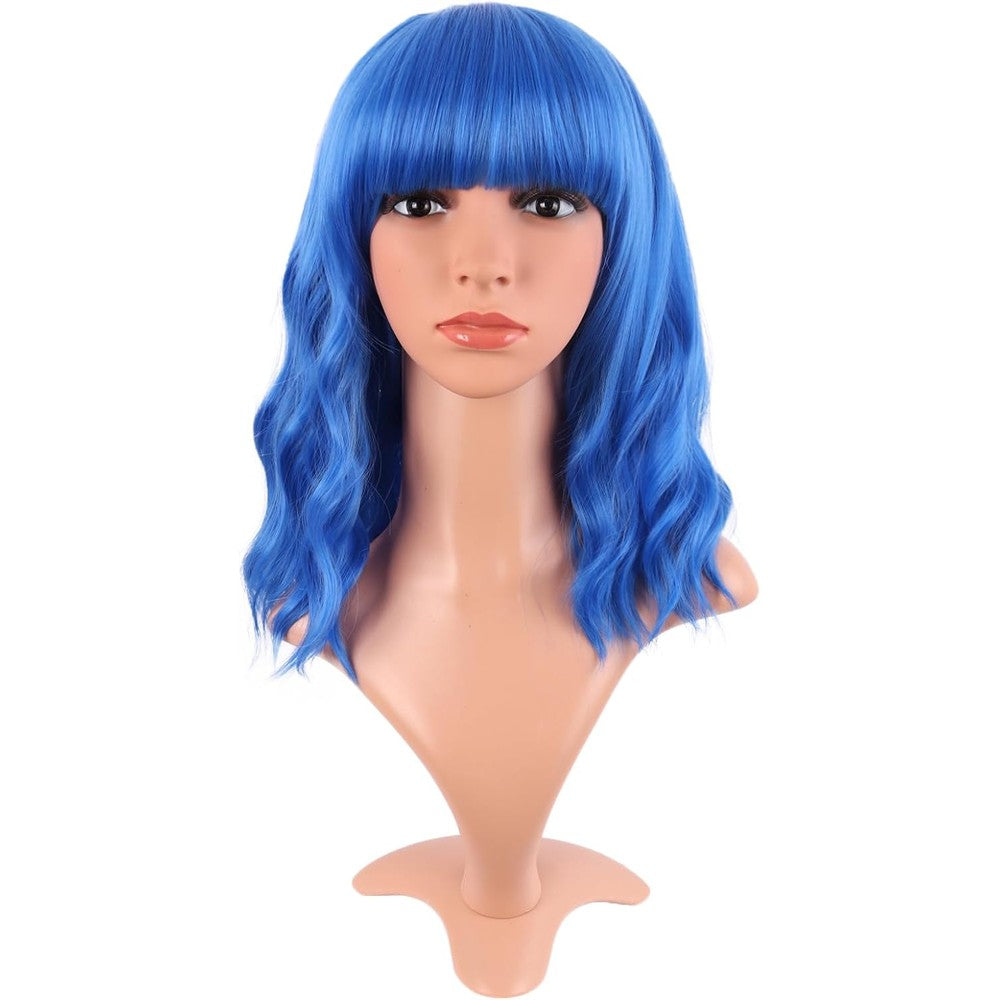 MapofBeauty Short Wavy Curly Bob Wig in blue front view on a mannequin showing flat bangs.
