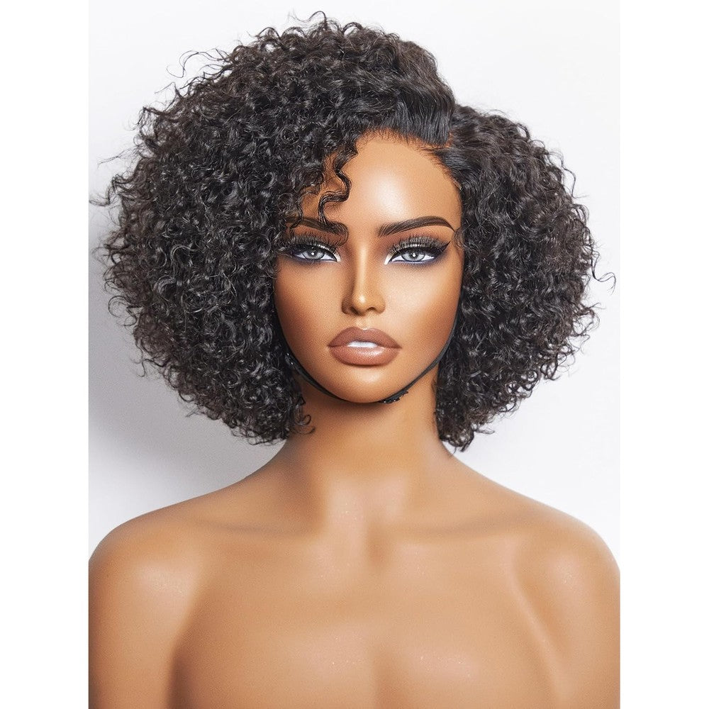 Luvme Hair 8 Inch Short Curly Glueless Human Hair Wig front view showing natural black bouncy curls and realistic pre-cut HD lace hairline.