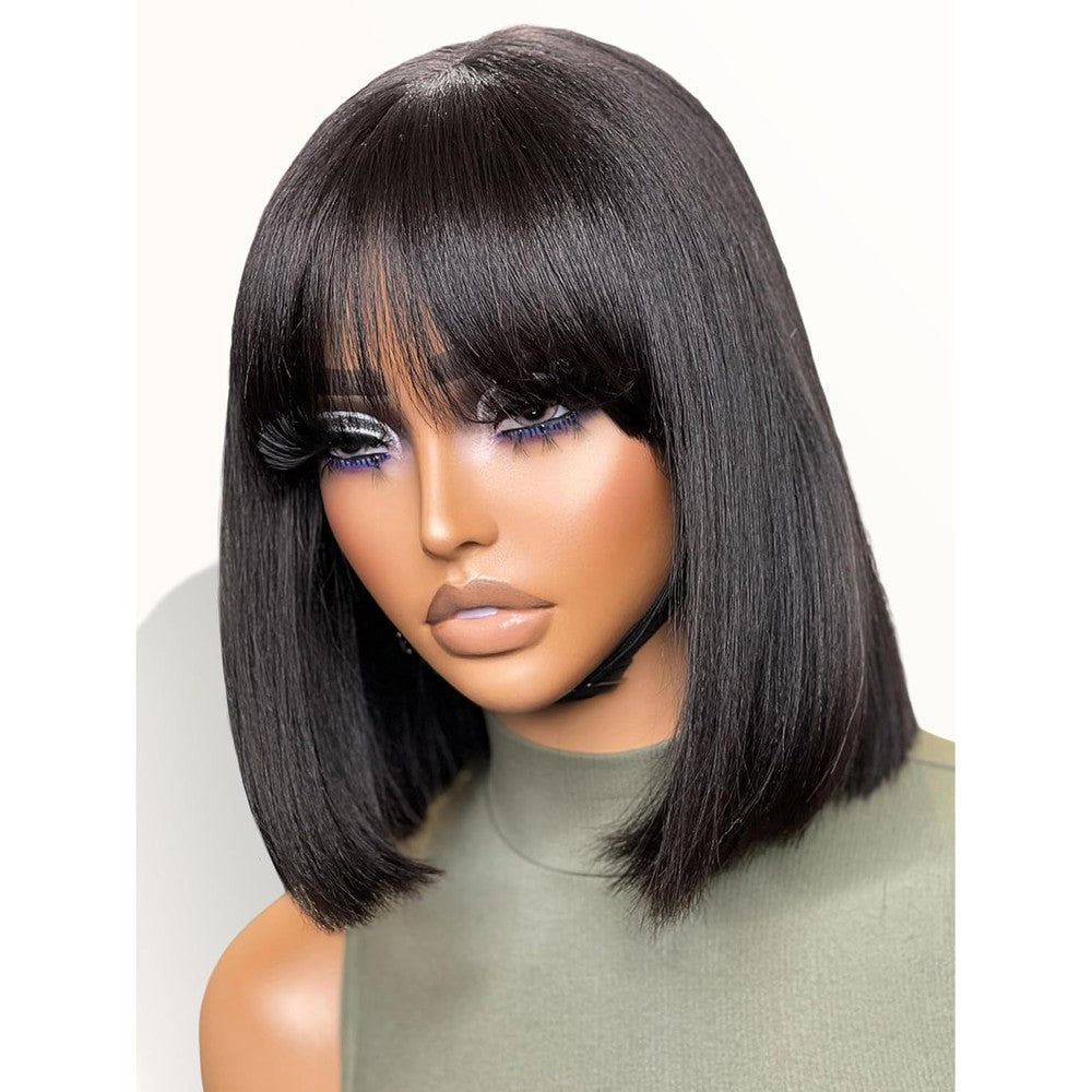 LUVME HAIR 10 inch light yaki straight bob wig front view showing realistic blunt cut bangs on human hair model