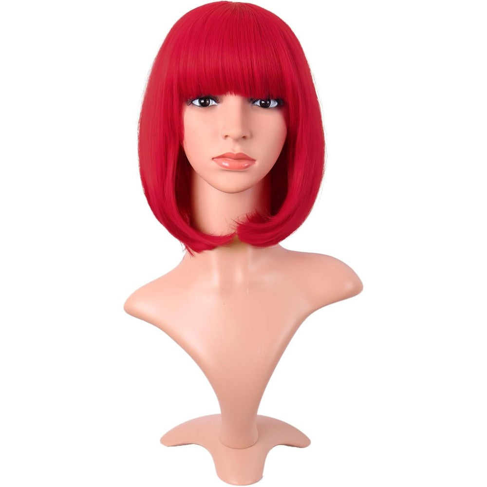 MapofBeauty 12 Inch Fashion Lady Short Straight Synthetic Flat Bangs Bob Wig in Bright Red front view showing blunt bangs