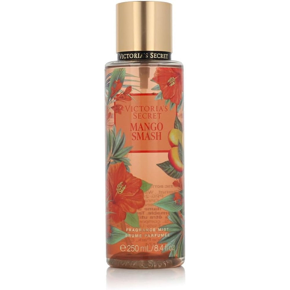 Victoria's Secret Mango Smash front view fragrance mist bottle showcasing tropical fruit illustrations.