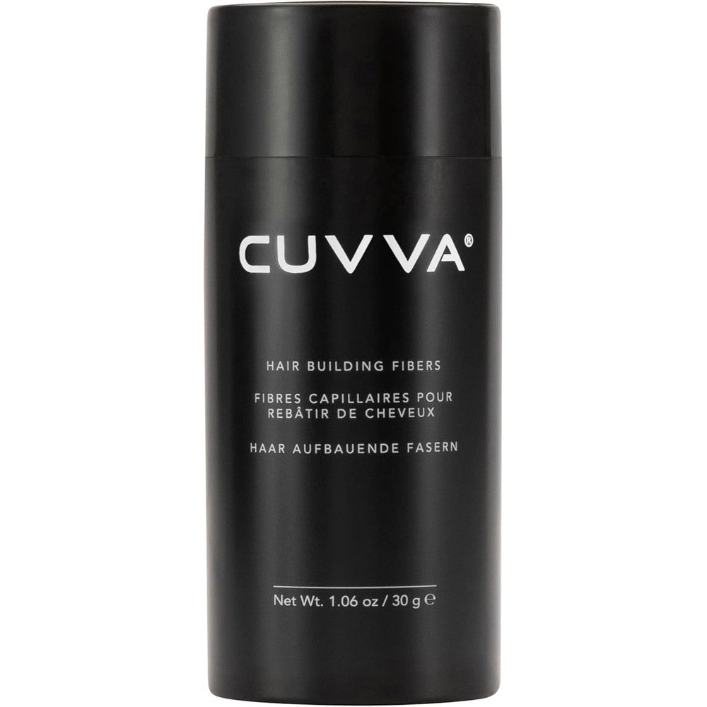 Cuvva Hair Building Fibers dark brown bottle front view cosmetic product