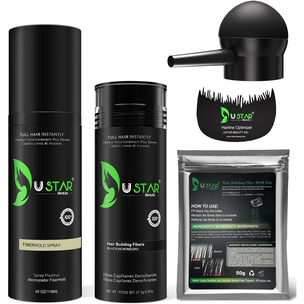 Ustar hair building fibers set front view featuring black 77.5 gram packaging