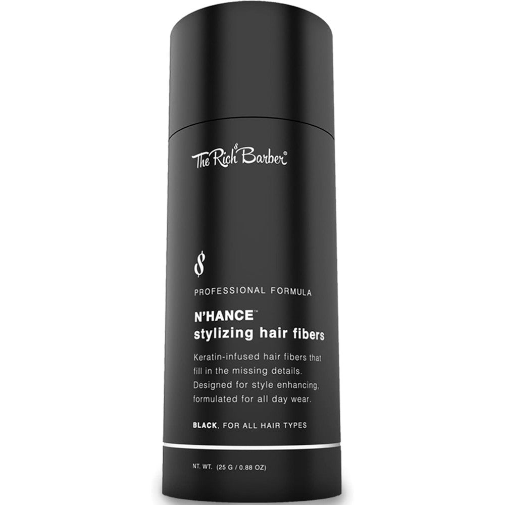 The Rich Barber N'Hance Hair Building Fibers black variant front view bottle packaging.