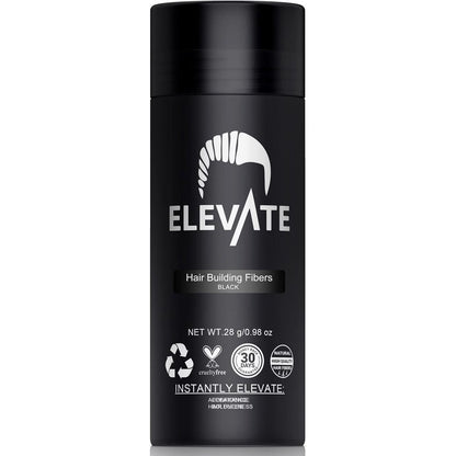 ELEVATE Hair Building Fibers Black 28g bottle front view for instant hair thickening.