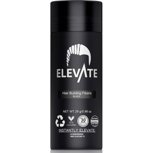 ELEVATE Hair Building Fibers Black 28g bottle front view for instant hair thickening.