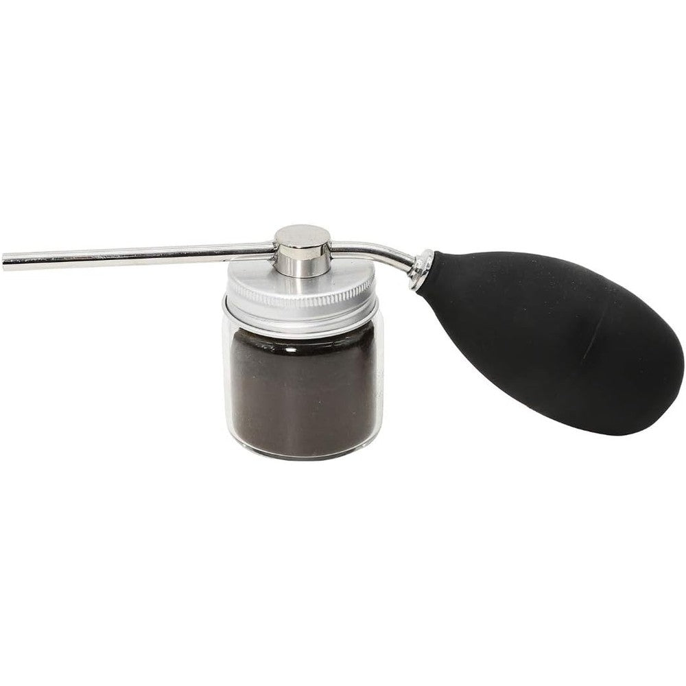 Finally Hair building fibers spray pump applicator front view showing clear glass bottle and black bulb.