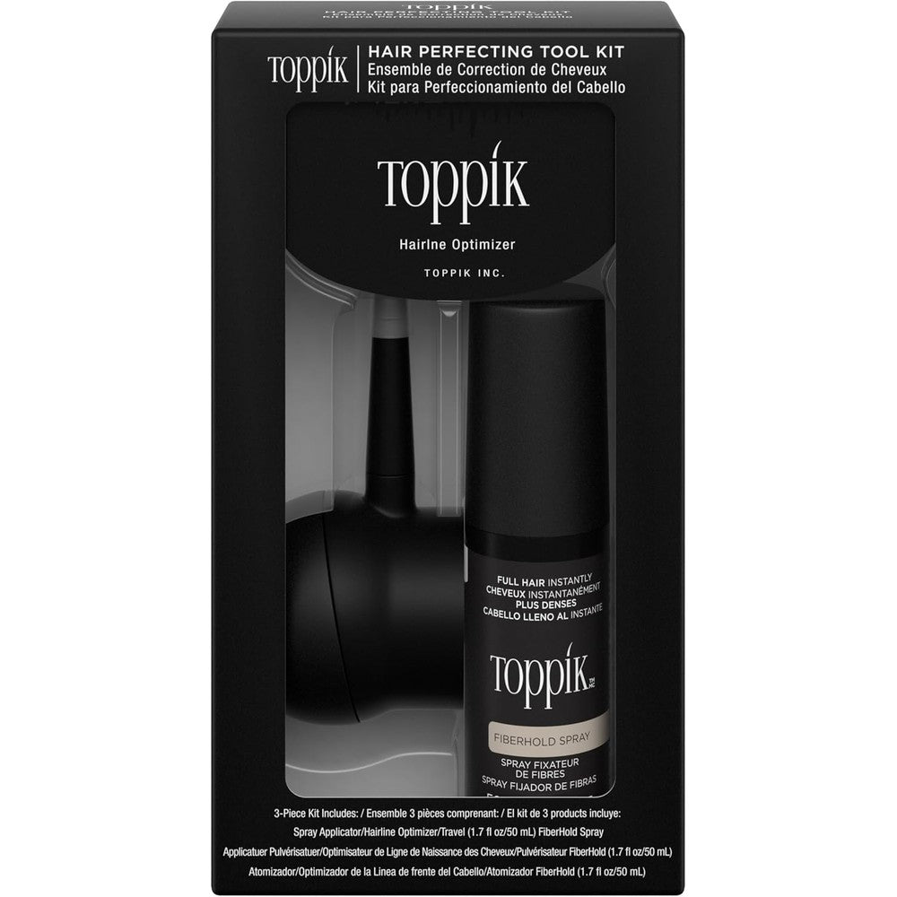 Toppik Hair Perfecting Tool Kit front view showing the 3 piece accessory set box