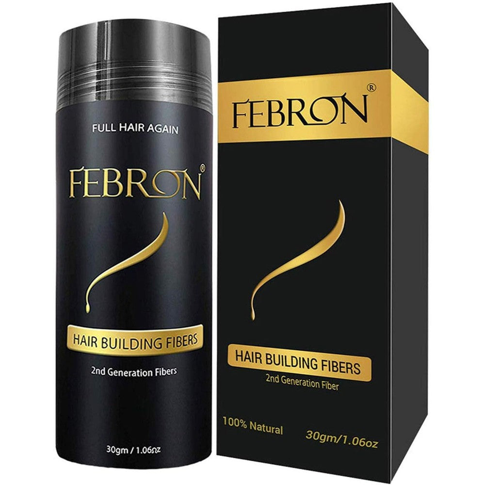 Febron Hair Building Fibers Black 30 Grams front view bottle packaging