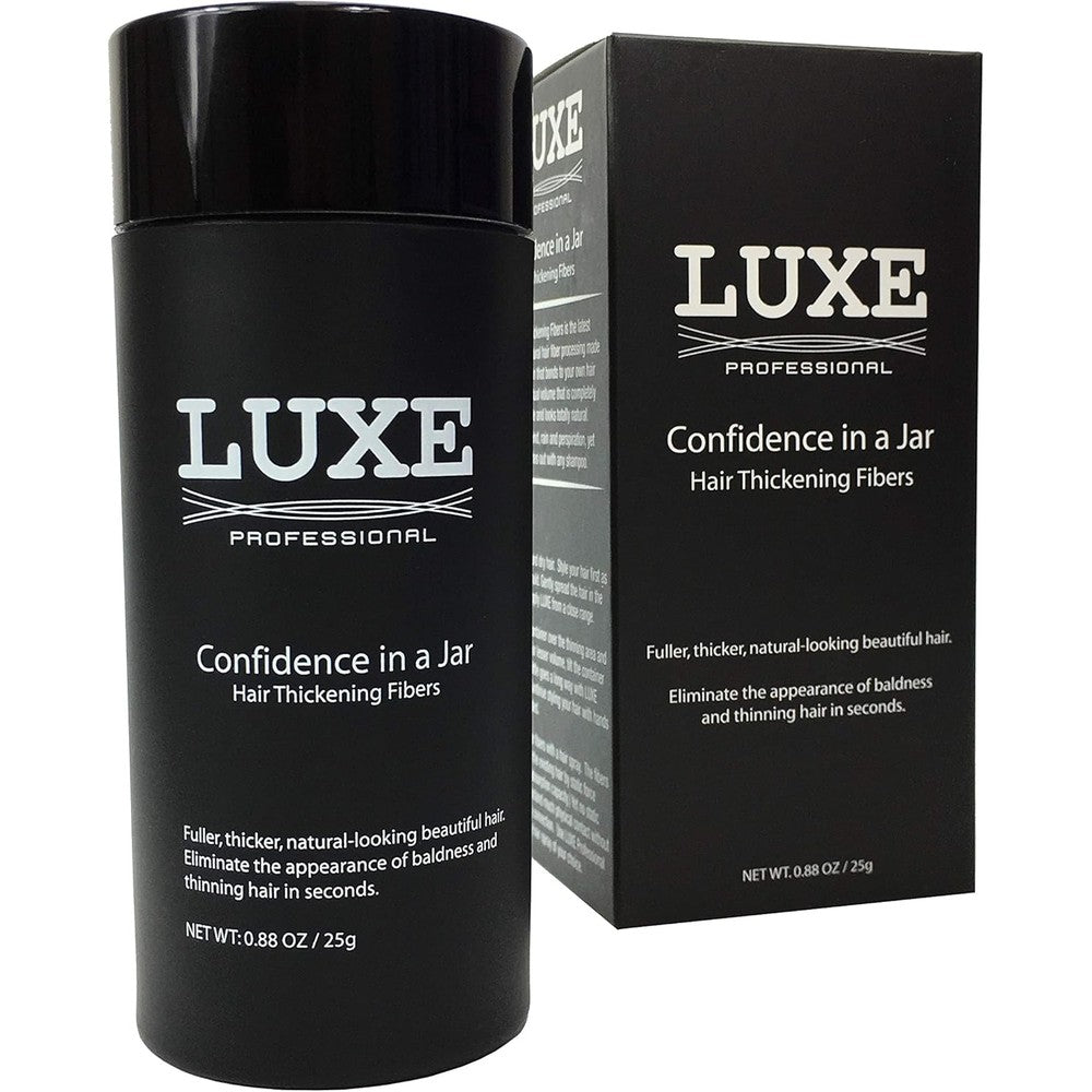 LUXE Professional Hair Building Thickening Fibers front view container for thinning hair coverage