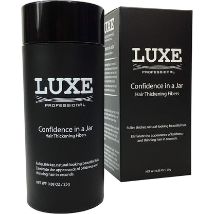 LUXE Professional Hair Building Thickening Fibers front view container for thinning hair coverage
