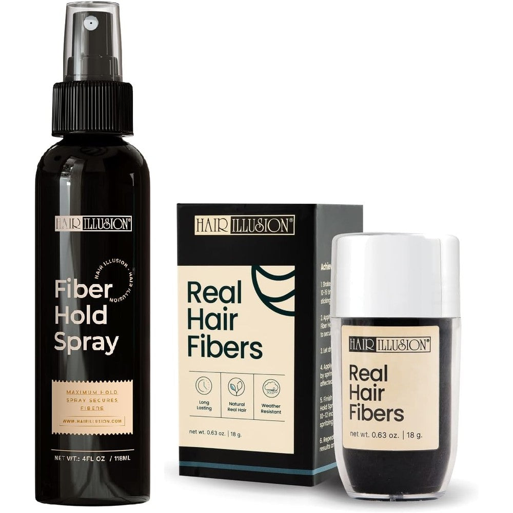 Hair Illusion Black Real Fibers and Holding Spray combo kit front view packaging.