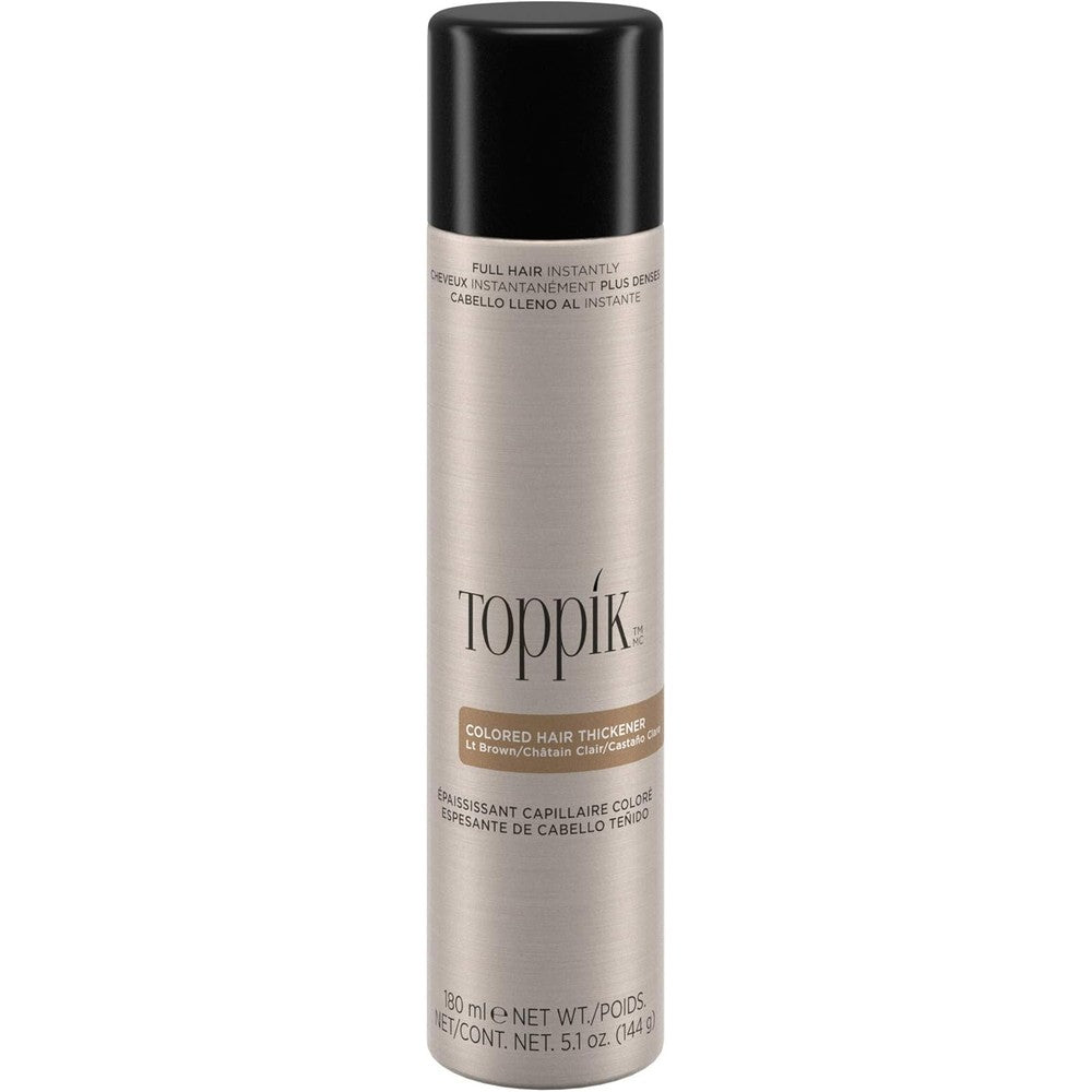 Toppik light brown colored hair thickener spray front view bottle