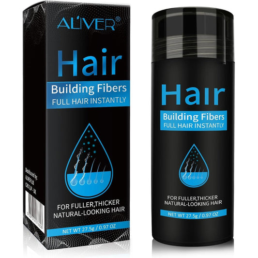Aliver hair building fibers black front view of product bottle