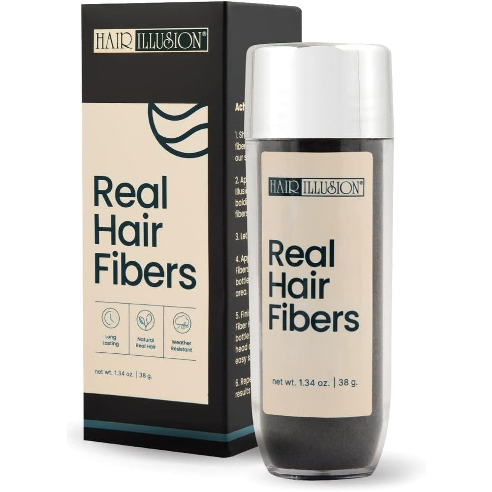 Hair Illusion Black Real Hair Fibers front view showing authentic packaging