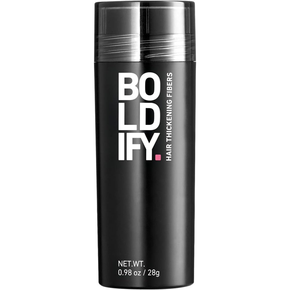Boldify Hair Thickening Fibers dark brown twenty eight grams bottle front view showing product packaging.