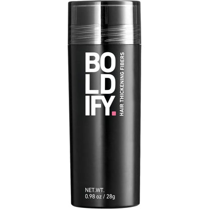 Boldify Hair Thickening Fibers dark brown twenty eight grams bottle front view showing product packaging.