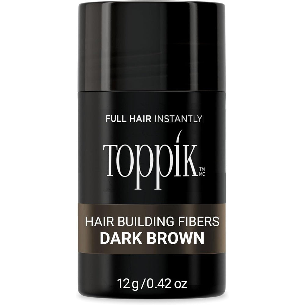Toppik Hair Building Fibers bottle front view showing brand logo for hair thickening powder