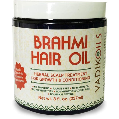 Vadik Herbs Brahmi Hair Oil front view of the eight ounce bottle showing Ayurvedic ingredients for hair growth.