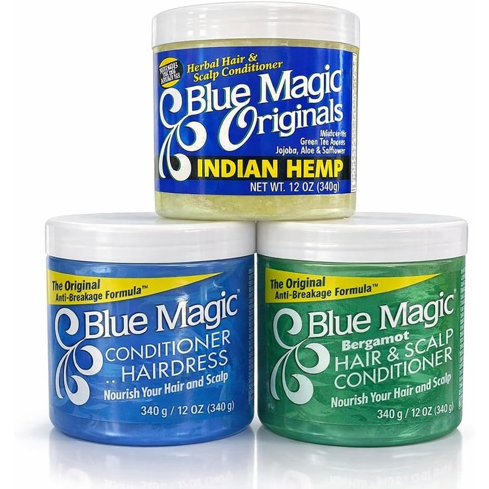 Blue Magic hair conditioner jars front view