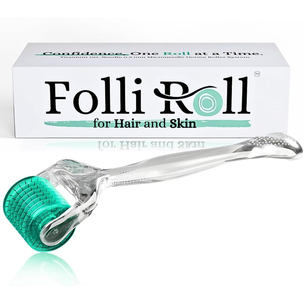 FolliRoll derma roller front view showcasing sea green handle and microneedle drum