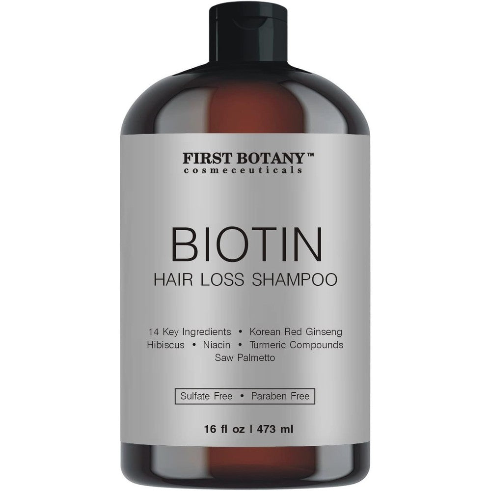 First Botany hair regrowth and anti hair loss shampoo front view of sixteen fluid ounce amber bottle