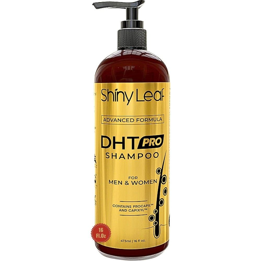 Shiny Leaf DHT Pro Shampoo front view bottle showing gold and black pump label design
