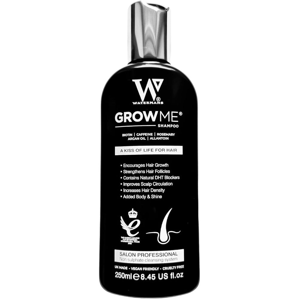 Watermans Grow Me Hair Growth Shampoo front view of the 250ml bottle highlighting the sulfate free formula.