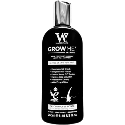 Watermans Grow Me Hair Growth Shampoo front view of the 250ml bottle highlighting the sulfate free formula.